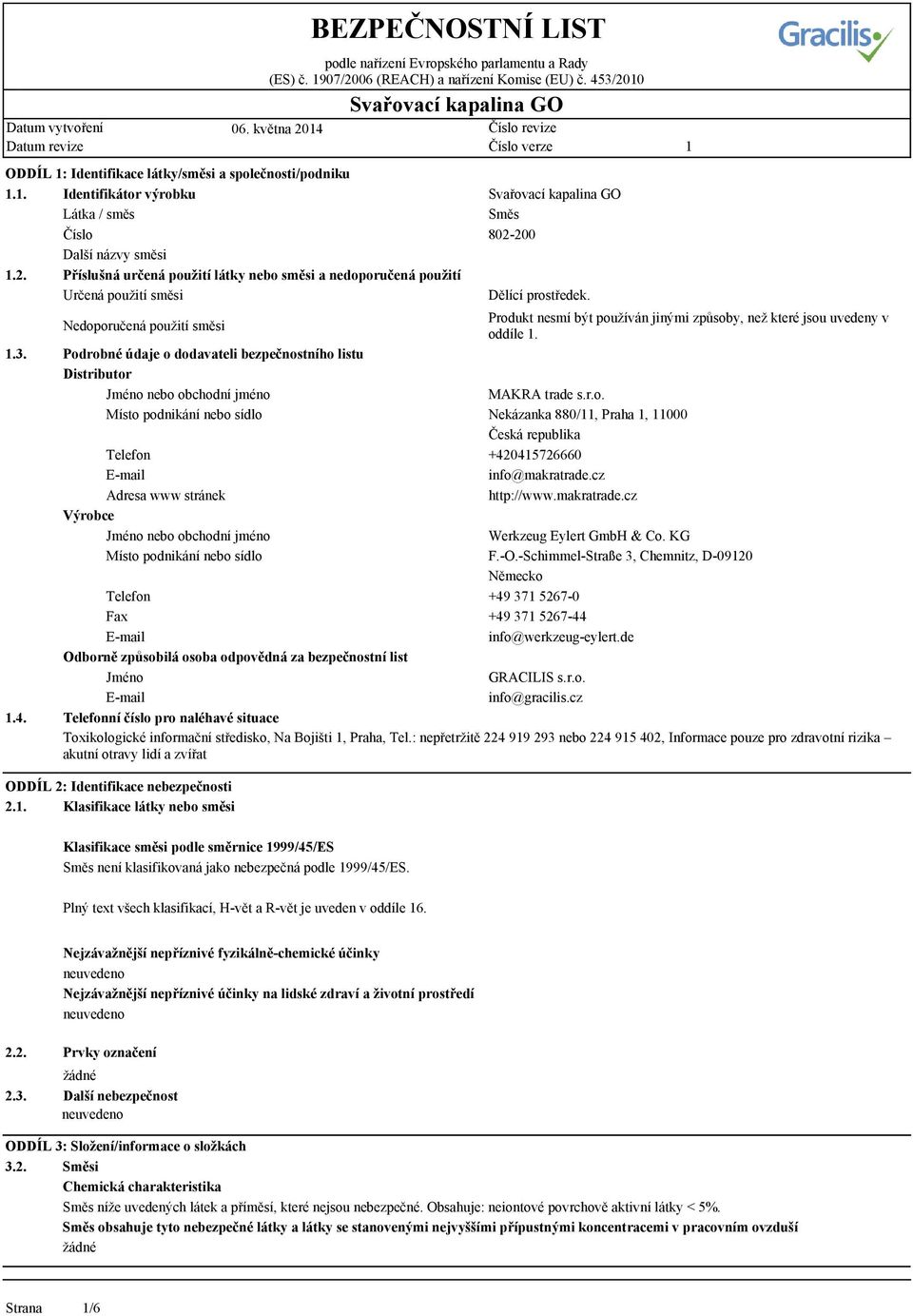Podrobné údaje o dodavateli bezpečnostního listu Distributor Jméno nebo obchodní jméno MAKRA trade s.r.o. Místo podnikání nebo sídlo Nekázanka 880/, Praha, 000 Česká republika Telefon +42045726660 E-mail info@makratrade.