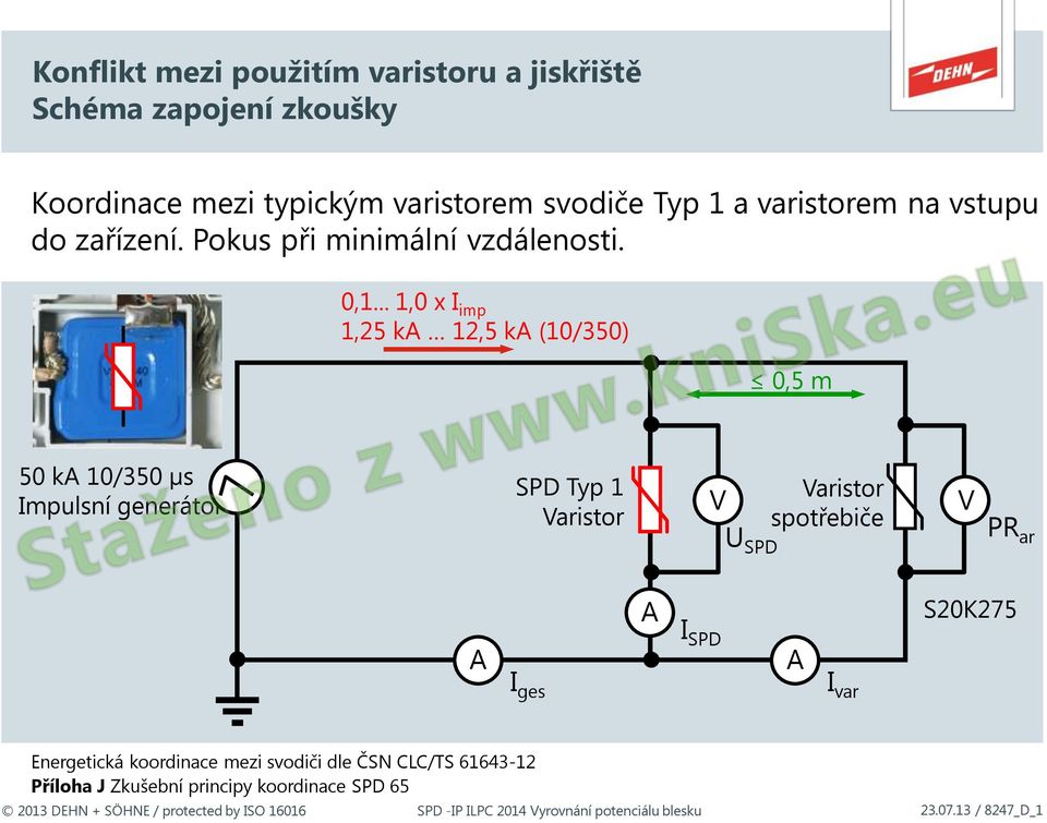 .. 1,0 x I imp 1,25 ka 12,5 ka (10/350) 0,5 m 50 ka 10/350 µs Impulsní generátor SPD Typ 1 Varistor V U SPD Varistor spotřebiče V