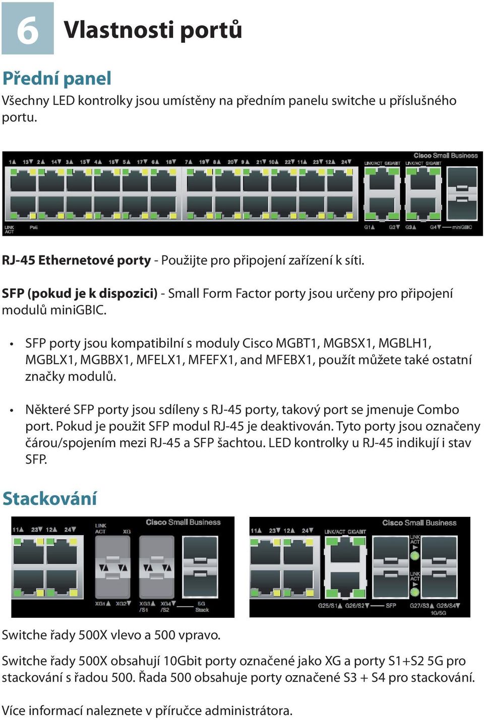 SFP porty jsou kompatibilní s moduly Cisco MGBT1, MGBSX1, MGBLH1, MGBLX1, MGBBX1, MFELX1, MFEFX1, and MFEBX1, použít můžete také ostatní značky modulů.