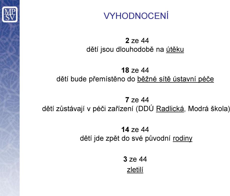 dětí zůstávají v péči zařízení (DDÚ Radlická, Modrá škola)