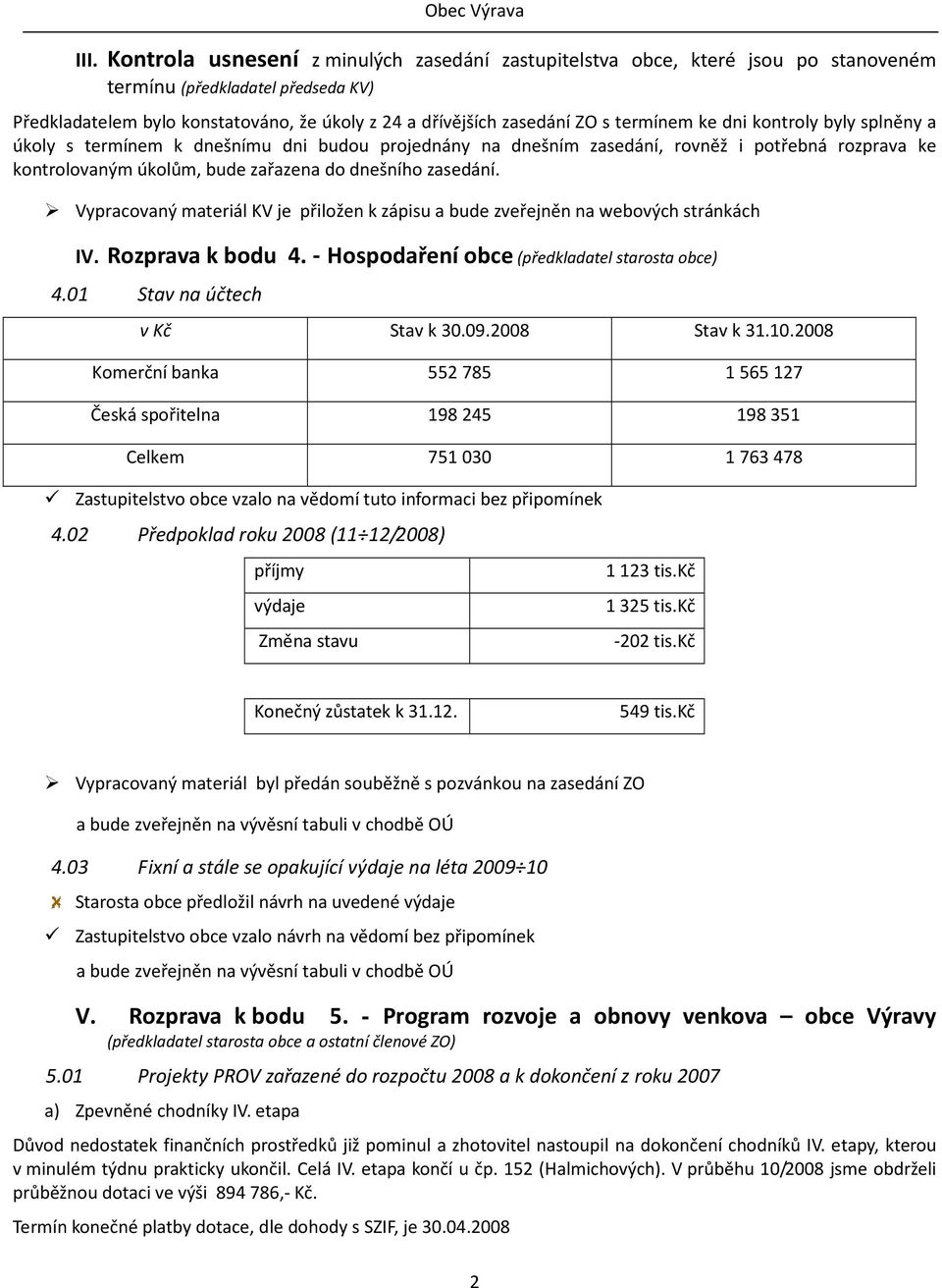 Vypracovaný materiál KV je přiložen k zápisu a bude zveřejněn na webových stránkách IV. Rozprava k bodu 4. - Hospodaření obce (předkladatel starosta obce) 4.01 Stav na účtech v Kč Stav k 30.09.