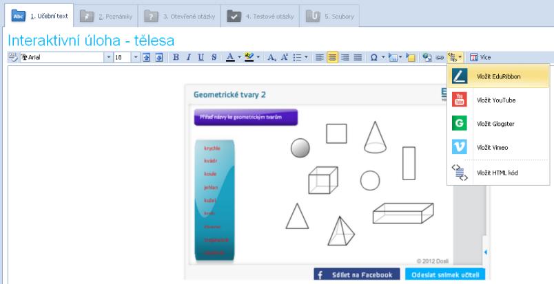 V EduBase editujte text, klepněte na průvodcem. Vložit HTML kód, vyberte EduRibbon a dál se řiďte 6.1.