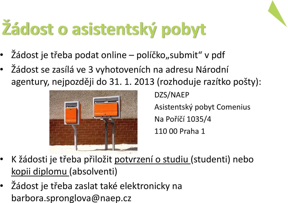 2013 (rozhoduje razítko pošty): DZS/NAEP Asistentský pobyt Comenius Na Poříčí 1035/4 110 00 Praha 1 K
