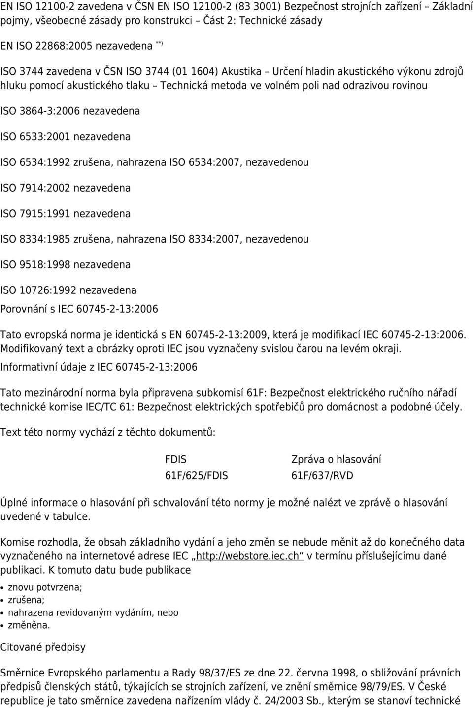 6533:2001 nezavedena ISO 6534:1992 zrušena, nahrazena ISO 6534:2007, nezavedenou ISO 7914:2002 nezavedena ISO 7915:1991 nezavedena ISO 8334:1985 zrušena, nahrazena ISO 8334:2007, nezavedenou ISO