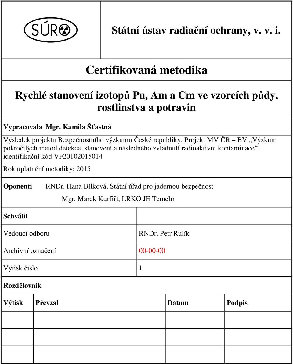 následného zvládnutí radioaktivní kontaminace, identifikační kód VF010015014 Rok uplatnění metodiky: 015 Oponenti RNDr.