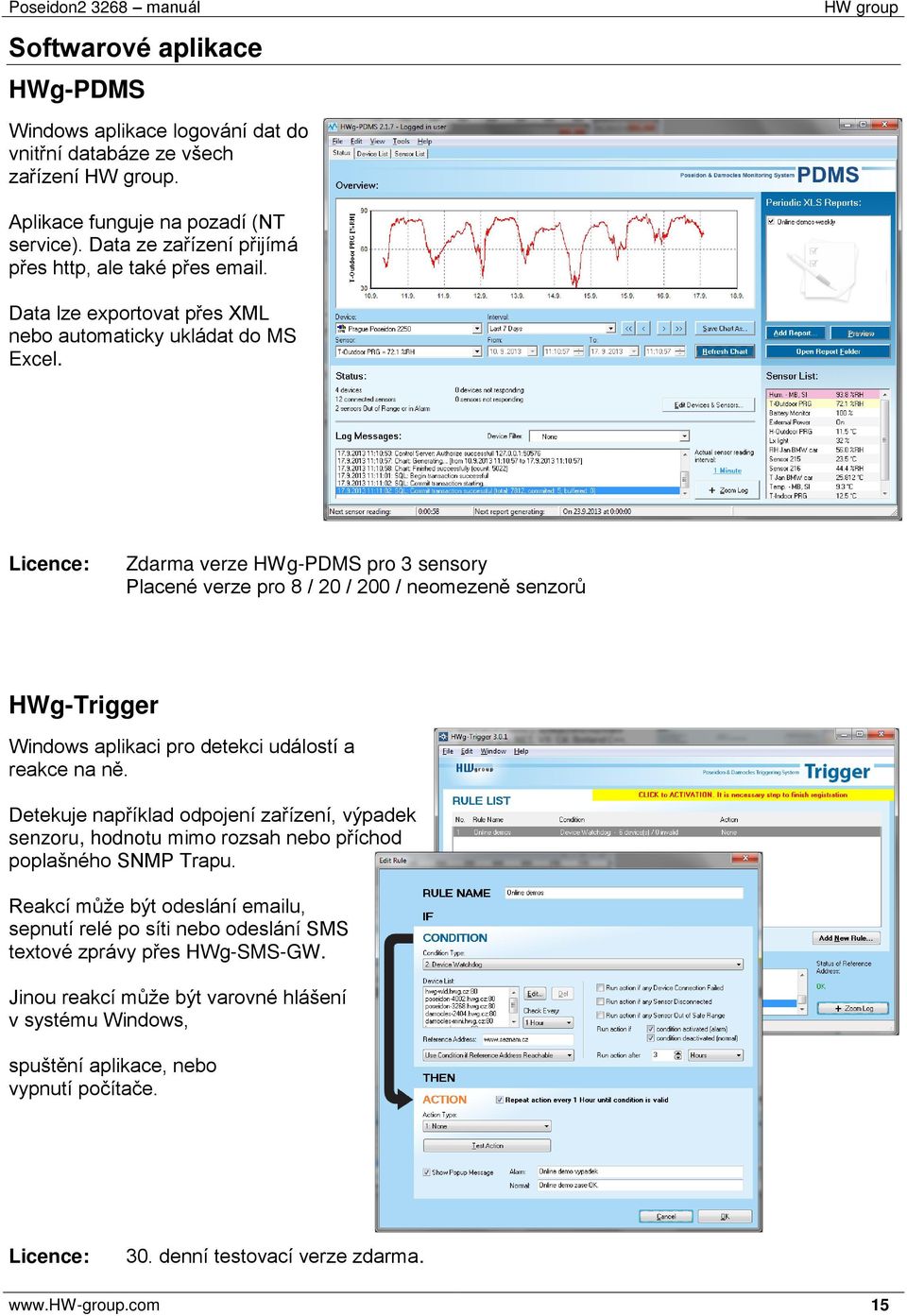Licence: Zdarma verze HWg-PDMS pro 3 sensory Placené verze pro 8 / 20 / 200 / neomezeně senzorů HWg-Trigger Windows aplikaci pro detekci událostí a reakce na ně.