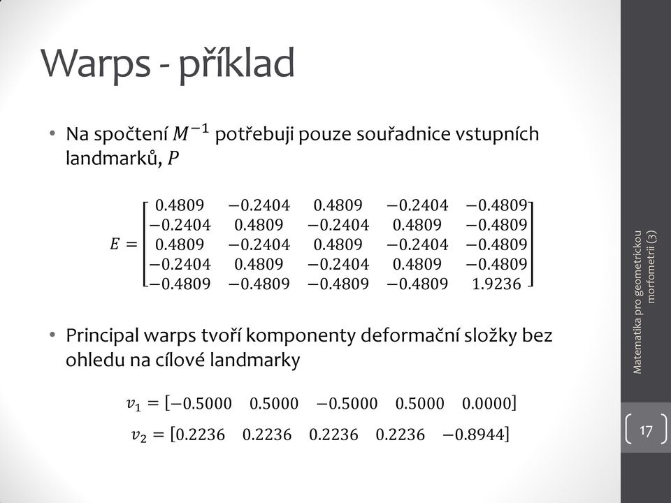 9236 Principal warps tvoří komponenty deformační složky bez ohledu na cílové landmarky v 1 = 0.5000 0.