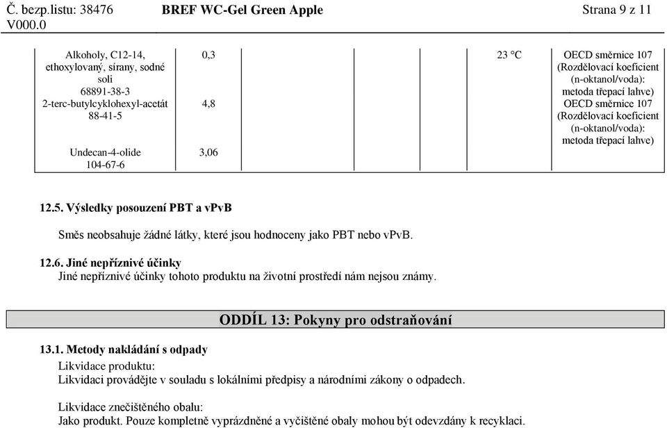 ODDÍL 13: Pokyny pro odstraňování 13.1. Metody nakládání s odpady Likvidace produktu: Likvidaci provádějte v souladu s lokálními předpisy a národními zákony o odpadech.
