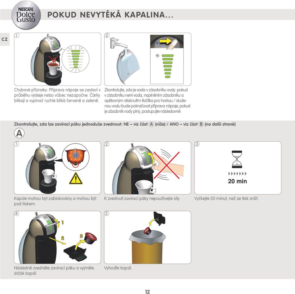 nápoje; pokud je zásobník vody plný, postupujte následovně: Zkontrolujte, zda lze zavírací páku jednoduše zvednout: NE viz část A (níže) / ANO viz část B (na další straně) A 0 min