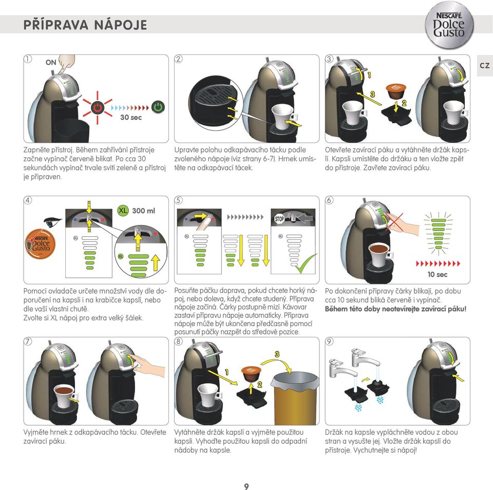 Kapsli umístěte do držáku a ten vložte zpět do přístroje. Zavřete zavírací páku.