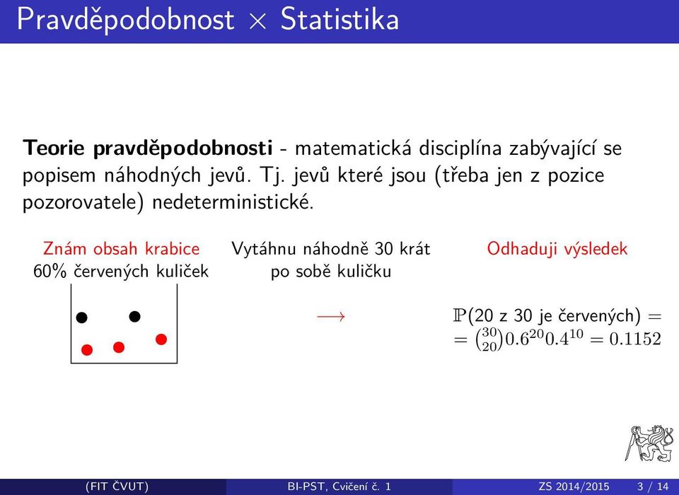 Znám obsah krabice Vytáhnu náhodně 30 krát Odhaduji výsledek 60% červených kuliček po sobě kuličku