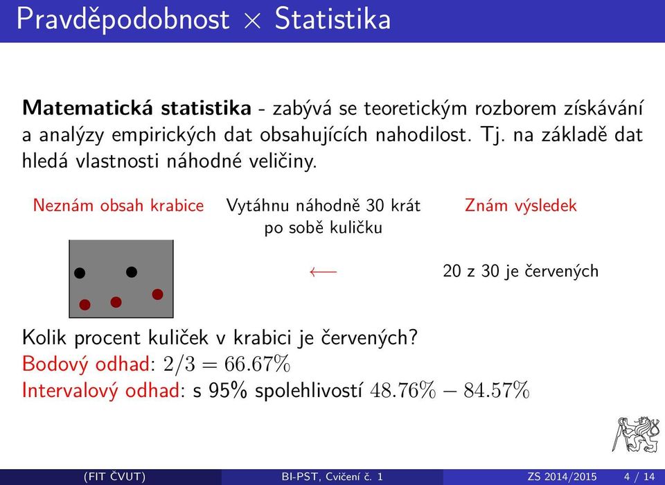 Neznám obsah krabice Vytáhnu náhodně 30 krát Znám výsledek po sobě kuličku 20 z 30 je červených Kolik procent kuliček