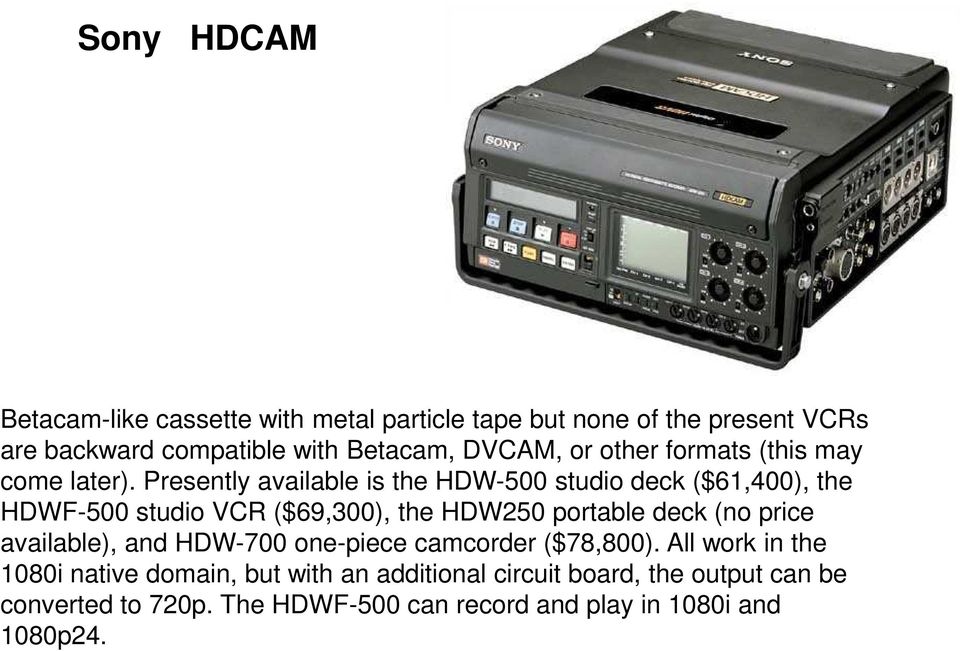 Presently available is the HDW-500 studio deck ($61,400), the HDWF-500 studio VCR ($69,300), the HDW250 portable deck (no price