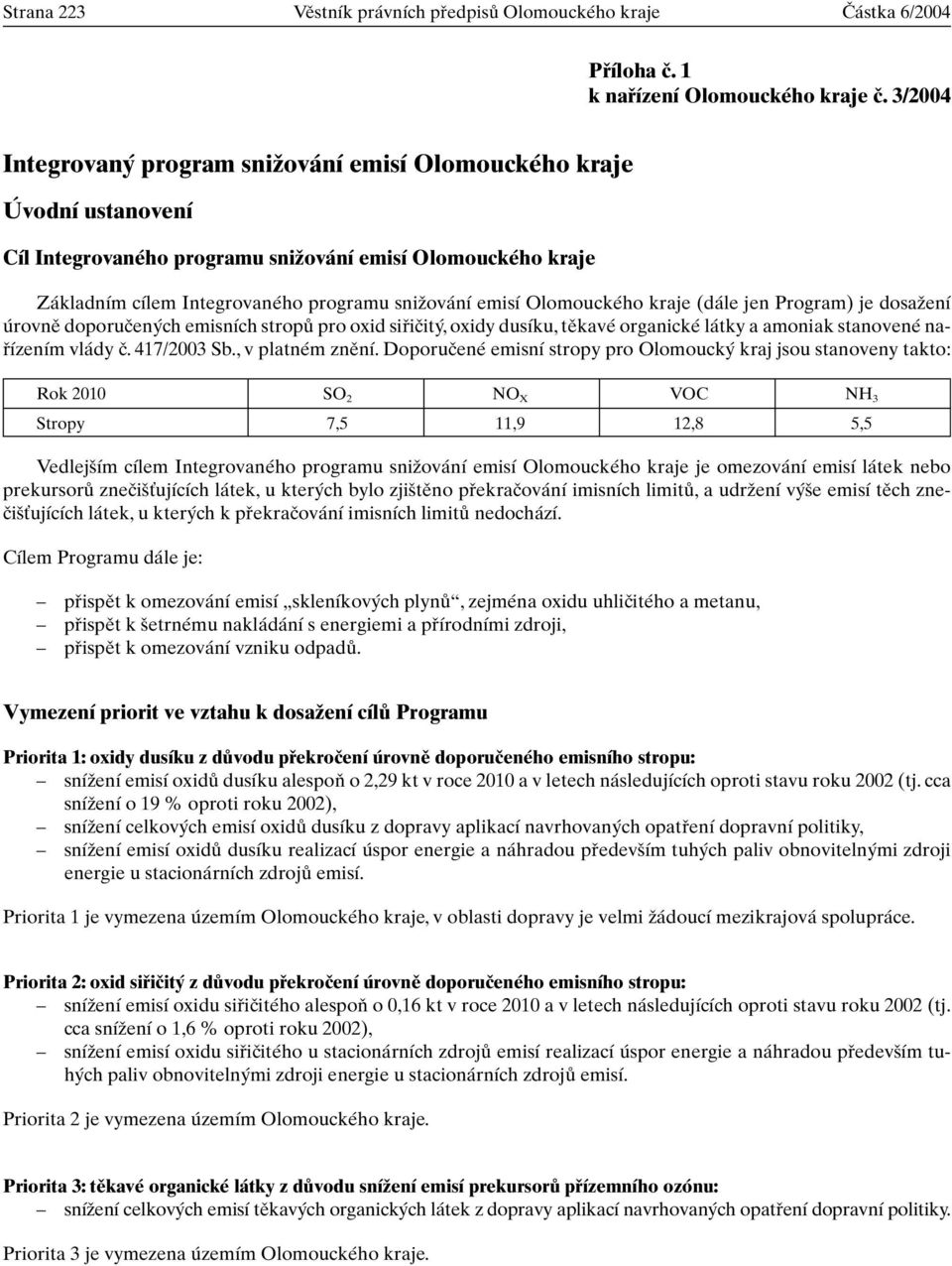 Olomouckého kraje (dále jen Program) je dosaïení úrovnû doporuãen ch emisních stropû pro oxid sifiiãit, oxidy dusíku, tûkavé organické látky a amoniak stanovené nafiízením vlády ã. 417/2003 Sb.