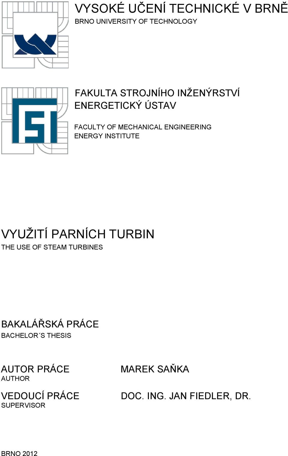 VYUŽITÍ PARNÍCH TURBIN THE USE OF STEAM TURBINES BAKALÁŘSKÁ PRÁCE BACHELOR S THESIS