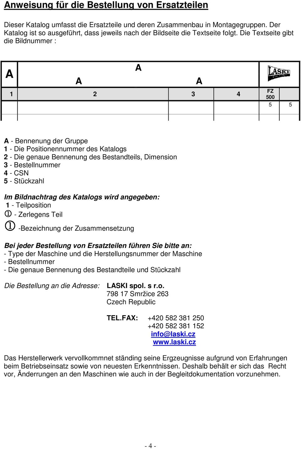 Die Textseite gibt die Bildnummer : 1 2 3 4 FZ 500 5 5 - Bennenung der Gruppe 1 - Die Positionennummer des Katalogs 2 - Die genaue Bennenung des Bestandteils, Dimension 3 - Bestellnummer 4 - CSN 5 -