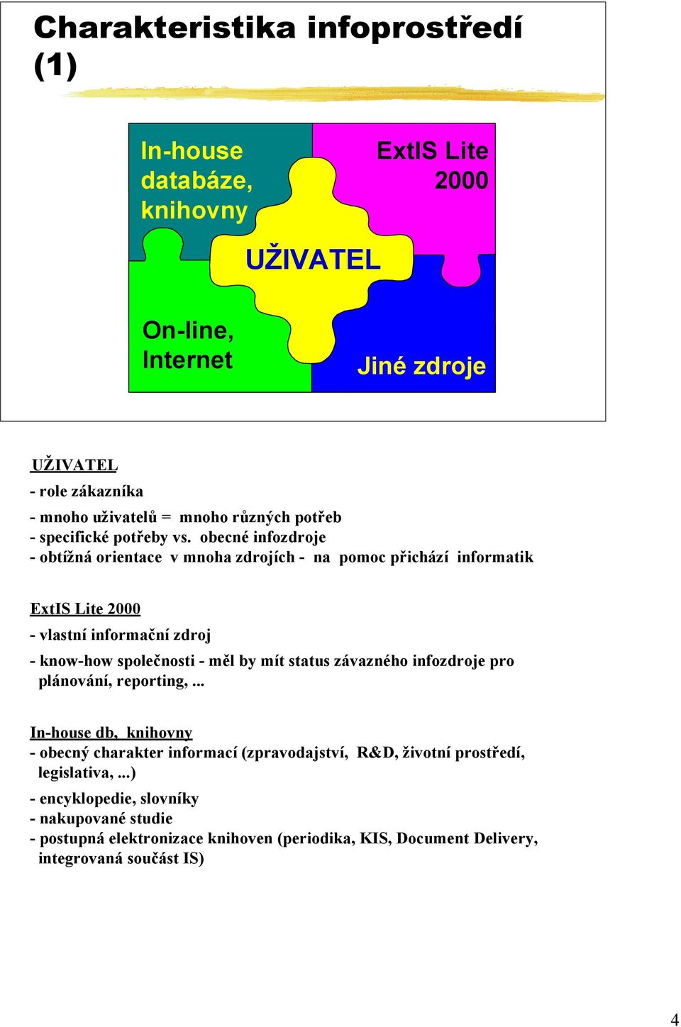 obecné infozdroje - obtížná orientace v mnoha zdrojích - na pomoc přichází informatik ExtIS Lite 2000 - vlastní informační zdroj - know-how společnosti - měl by mít