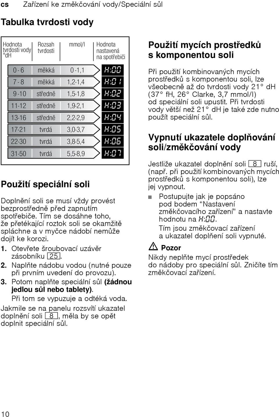 Naplte nádobu vodou (nutné pouze pi prvním uvedení do provozu). 3. Potom naplte speciální sl (žádnou jedlou sl nebo tablety). Pi tom se vypuzuje a odtéká voda.
