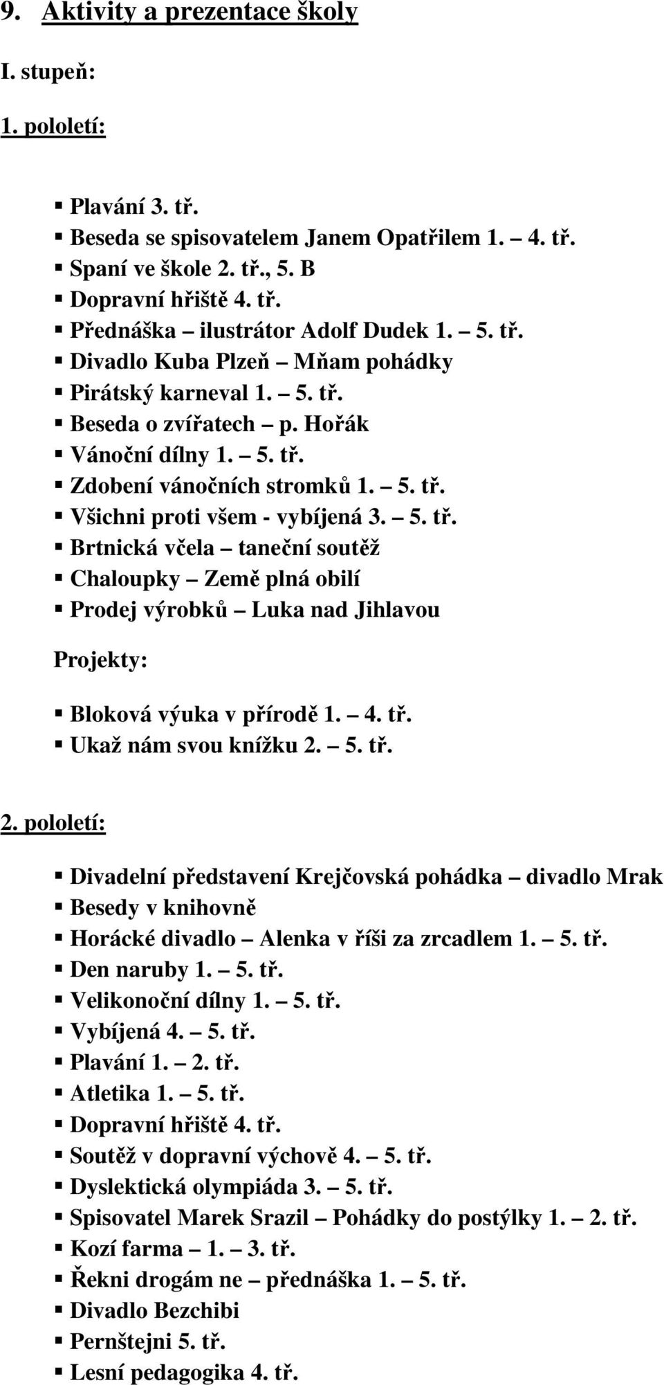 4. tř. Ukaž nám svou knížku 2. 5. tř. 2. pololetí: Divadelní představení Krejčovská pohádka divadlo Mrak Besedy v knihovně Horácké divadlo Alenka v říši za zrcadlem 1. 5. tř. Den naruby 1. 5. tř. Velikonoční dílny 1.