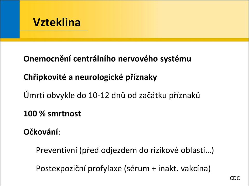 příznaků 100 % smrtnost Očkování: Preventivní (před odjezdem do