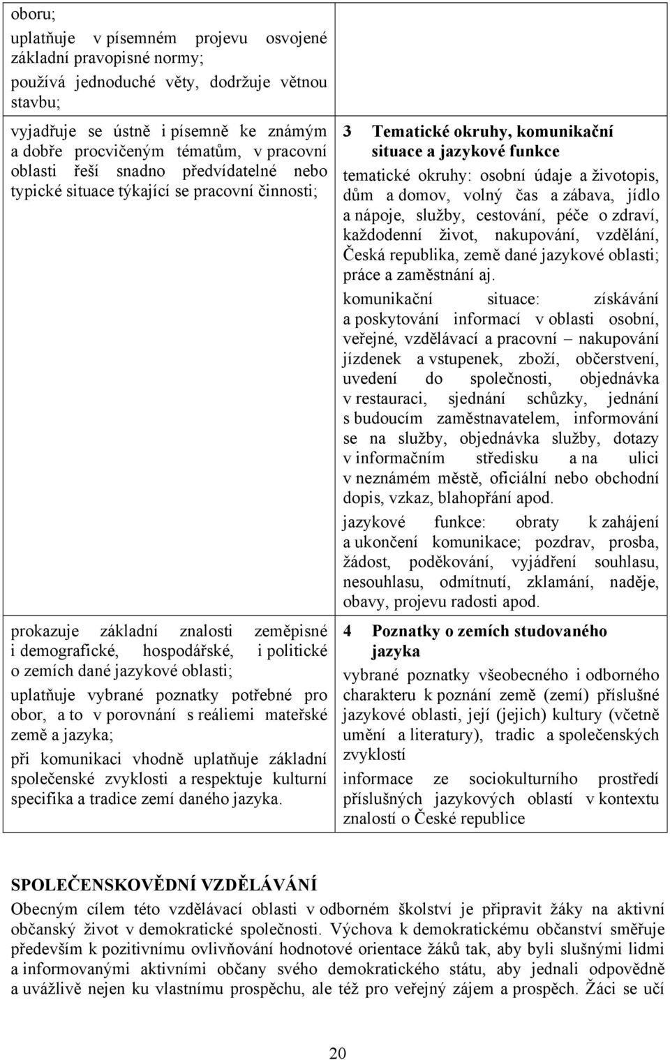 uplatňuje vybrané poznatky potřebné pro obor, a to v porovnání s reáliemi mateřské země a jazyka; při komunikaci vhodně uplatňuje základní společenské zvyklosti a respektuje kulturní specifika a