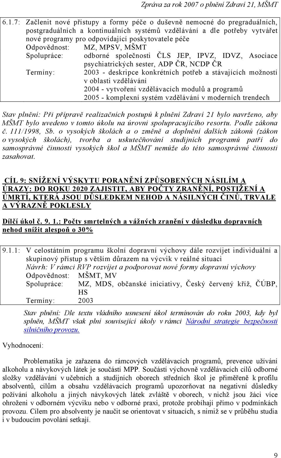 možností v oblasti vzdělávání 2004 - vytvoření vzdělávacích modulů a programů 2005 - komplexní systém vzdělávání v moderních trendech Stav plnění: Při přípravě realizačních postupů k plnění Zdraví 21