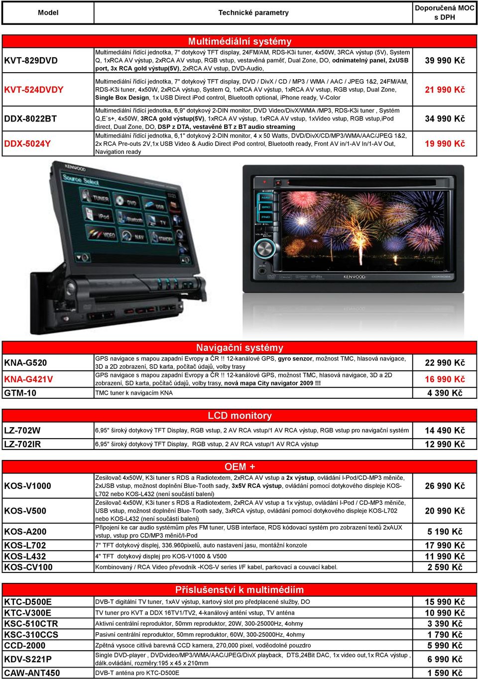 DVD / DivX / CD / MP3 / WMA / AAC / JPEG 1&2, 24FM/AM, RDS-K3i tuner, 4x50W, 2xRCA výstup, System Q, 1xRCA AV výstup, 1xRCA AV vstup, RGB vstup, Dual Zone, Single Box Design, 1x USB Direct ipod