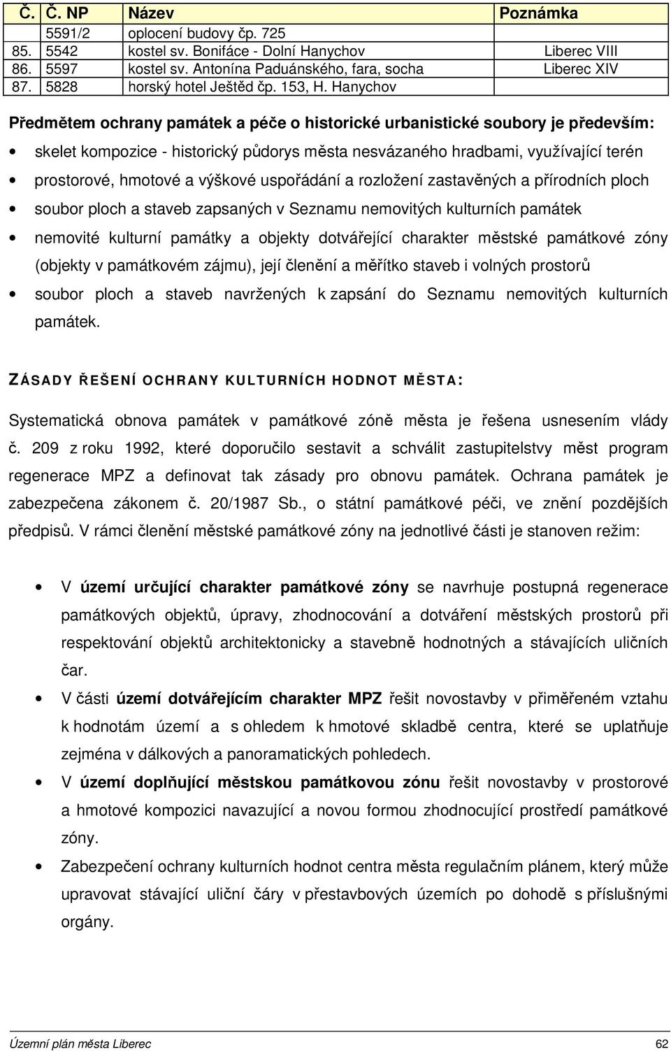 Hanychov Předmětem ochrany památek a péče o historické urbanistické soubory je především: skelet kompozice - historický půdorys města nesvázaného hradbami, využívající terén prostorové, hmotové a