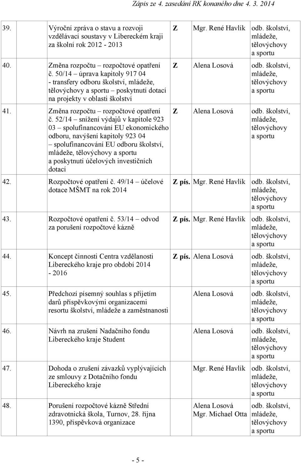 52/14 snížení výdajů v kapitole 923 03 spolufinancování EU ekonomického odboru, navýšení kapitoly 923 04 spolufinancování EU odboru školství, mládeže, tělovýchovy a sportu a poskytnutí účelových