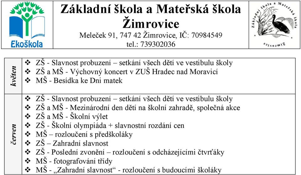 Mezinárodní den dětí na školní zahradě, společná akce ZŠ a MŠ - Školní výlet ZŠ - Školní olympiáda + slavnostní rozdání cen MŠ rozloučení s