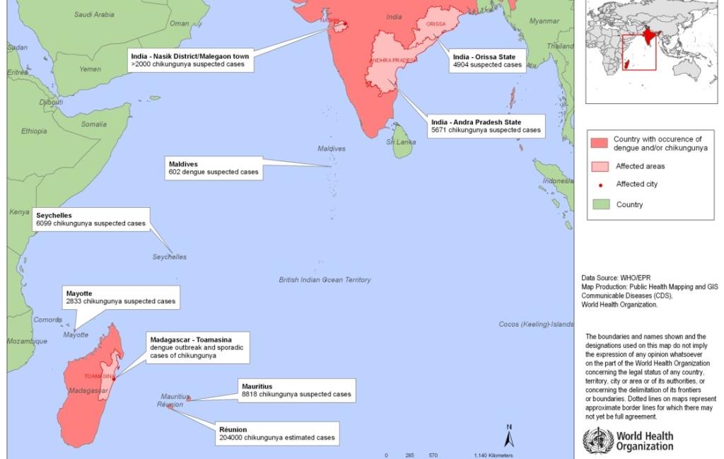 Šíření horečky chikungunya v Indickém oceánu Březen (prosinec) 2005 Březen 2006 Bodová mutace v genu E1: A226V přenos Aedes albopictus 400 INDIE 1,370,000