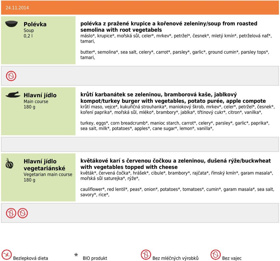tamari, butter*, semolina*, sea salt, celery*, carrot*, parsley*, garlic*, ground cumin*, parsley tops*, tamari, krůtí karbanátek se zeleninou, bramborová kaše, jablkový kompot/turkey burger with