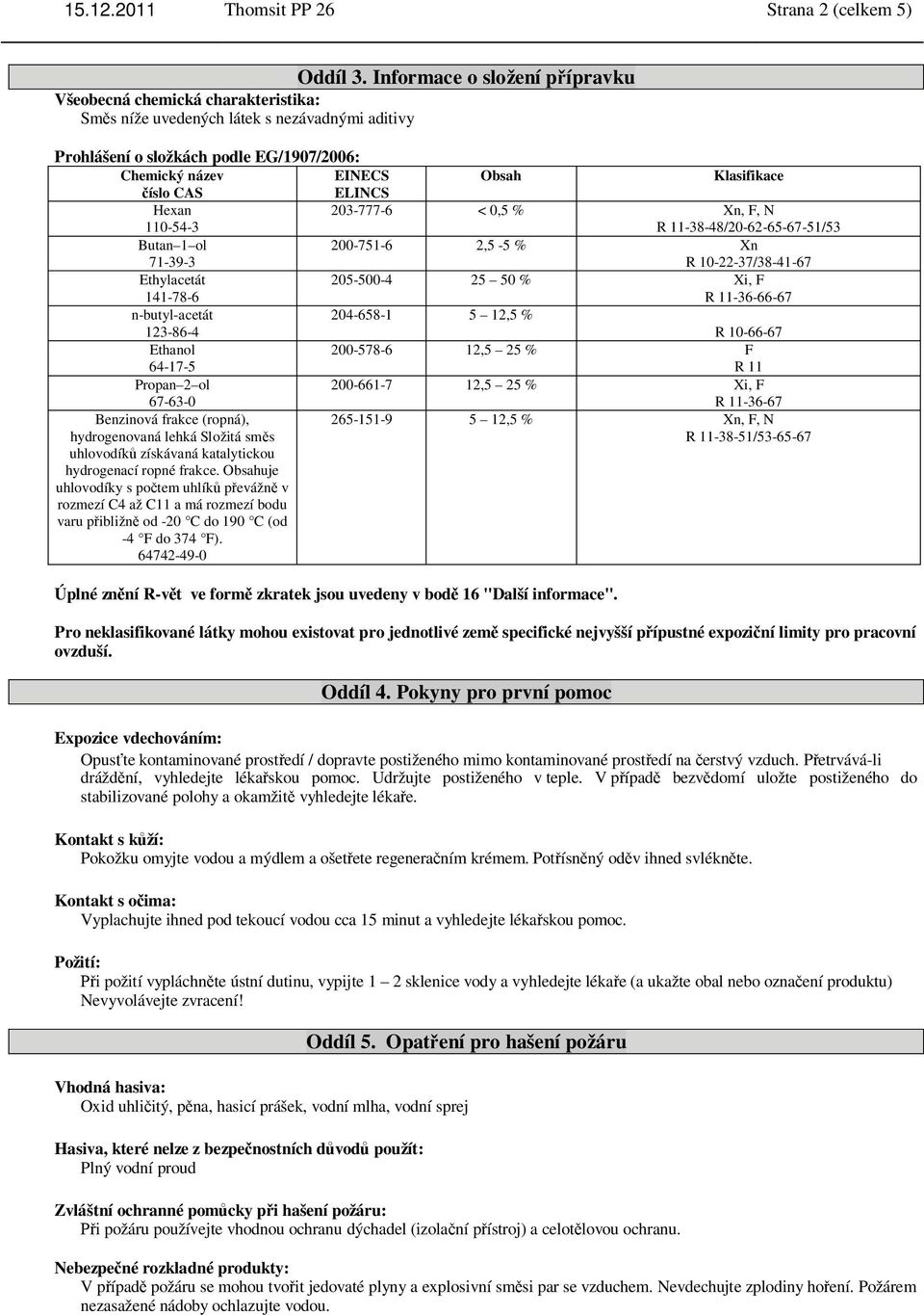íslo CAS ELINCS Hexan 110-54-3 203-777-6 < 0,5 % Xn, F, N R 11-38-48/20-62-65-67-51/53 Butan 1 ol 71-39-3 200-751-6 2,5-5 % Xn R 10-22-37/38-41-67 Ethylacetát 141-78-6 205-500-4 25 50 % Xi, F R
