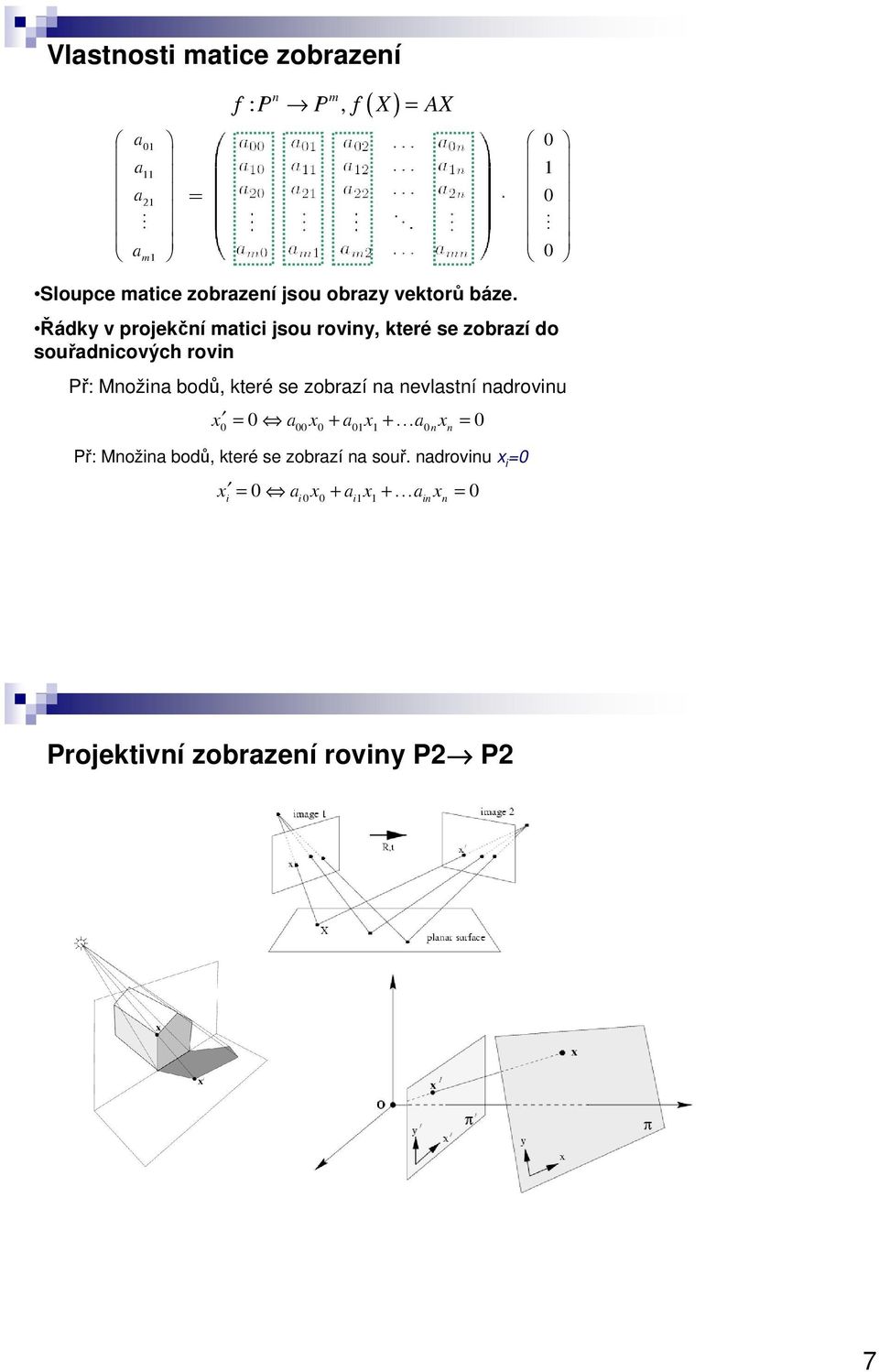 Řádky v projekční matici jsou roviny, které se zobrazí do souřadnicových rovin Př: Množina bodů,