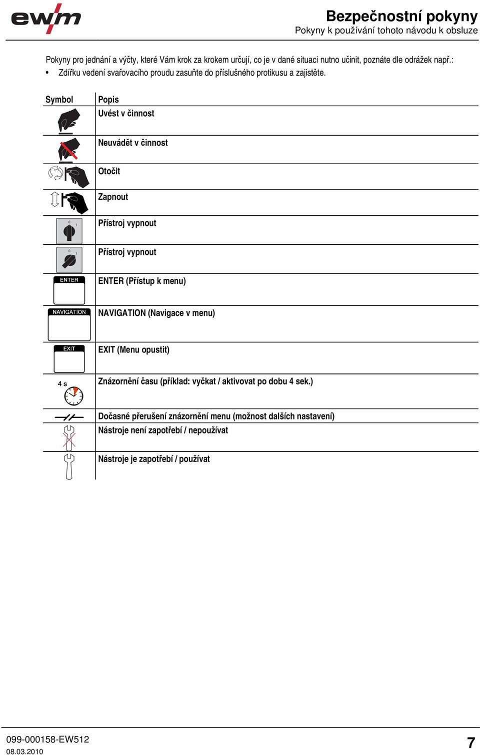 Symbol Popis Uvést v činnost Neuvádět v činnost Otočit Zapnout 0 1 Přístroj vypnout 0 1 Přístroj vypnout ENTER (Přístup k menu) NAVIGATION (Navigace v menu)