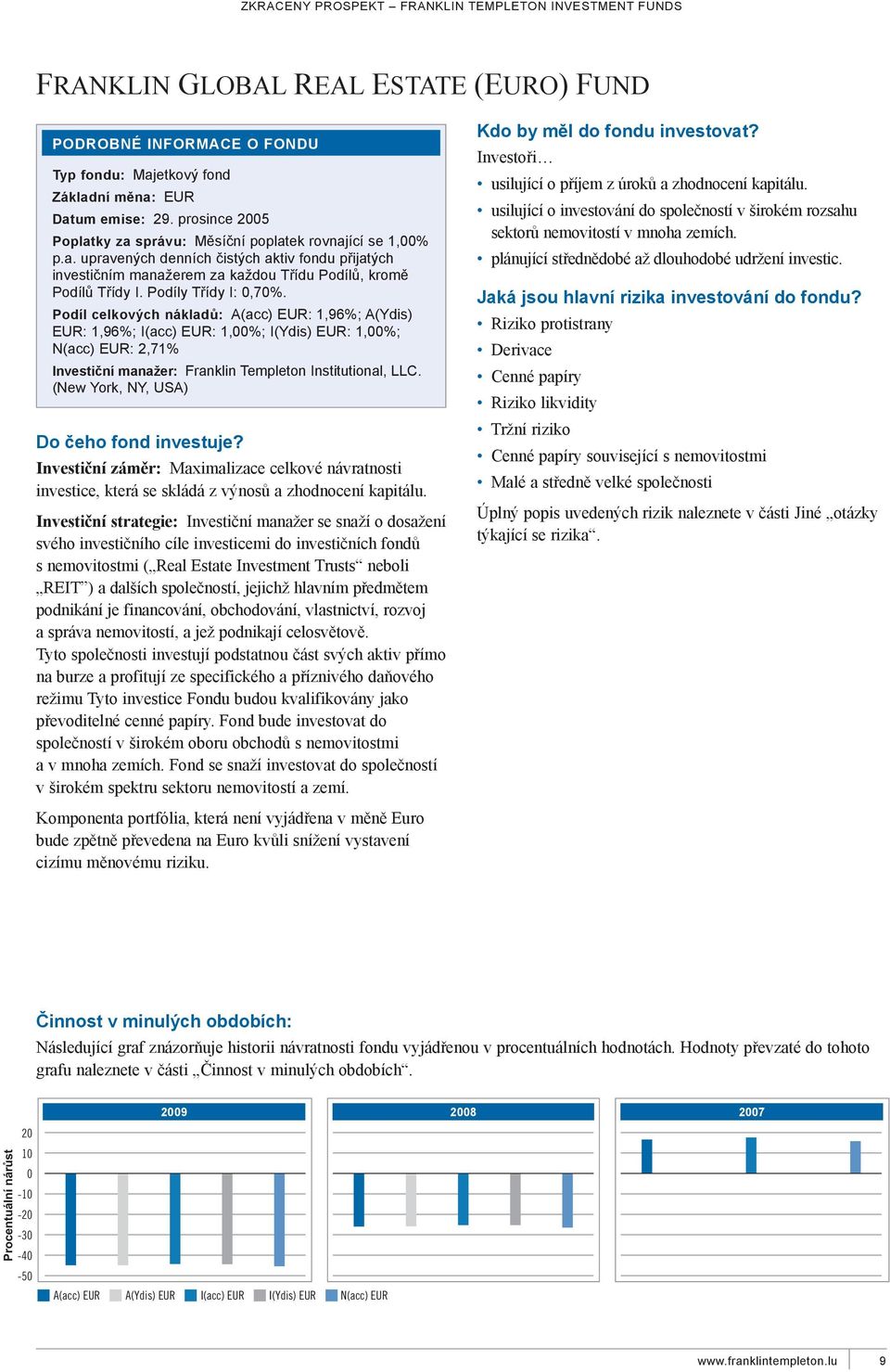 podíl celkových nákladů: A(acc) eur: 1,96%; A(Ydis) eur: 1,96%; I(acc) eur: 1,00%; I(Ydis) eur: 1,00%; N(acc) eur: 2,71% investiční manažer: Franklin Templeton Institutional, LLC.