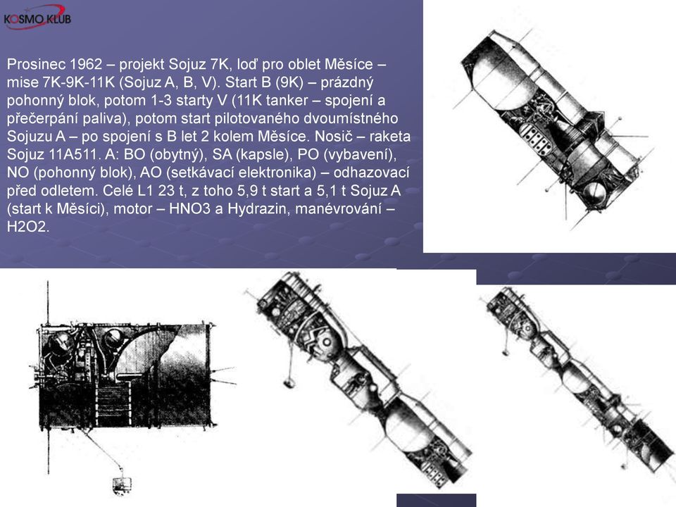 dvoumístného Sojuzu A po spojení s B let 2 kolem Měsíce. Nosič raketa Sojuz 11A511.