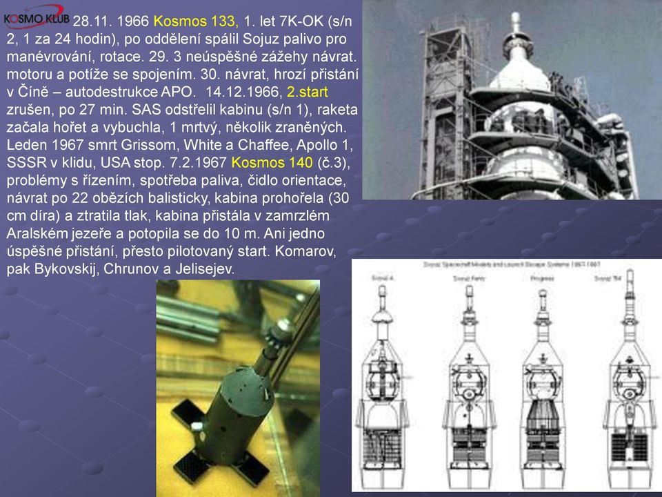 Leden 1967 smrt Grissom, White a Chaffee, Apollo 1, SSSR v klidu, USA stop. 7.2.1967 Kosmos 140 (č.