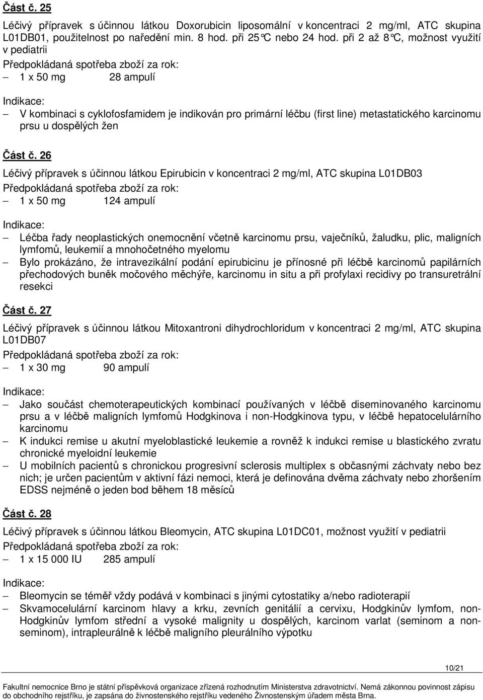 26 Léčivý přípravek s účinnou látkou Epirubicin v koncentraci 2 mg/ml, ATC skupina L01DB03 1 x 50 mg 124 ampulí Léčba řady neoplastických onemocnění včetně karcinomu prsu, vaječníků, žaludku, plic,