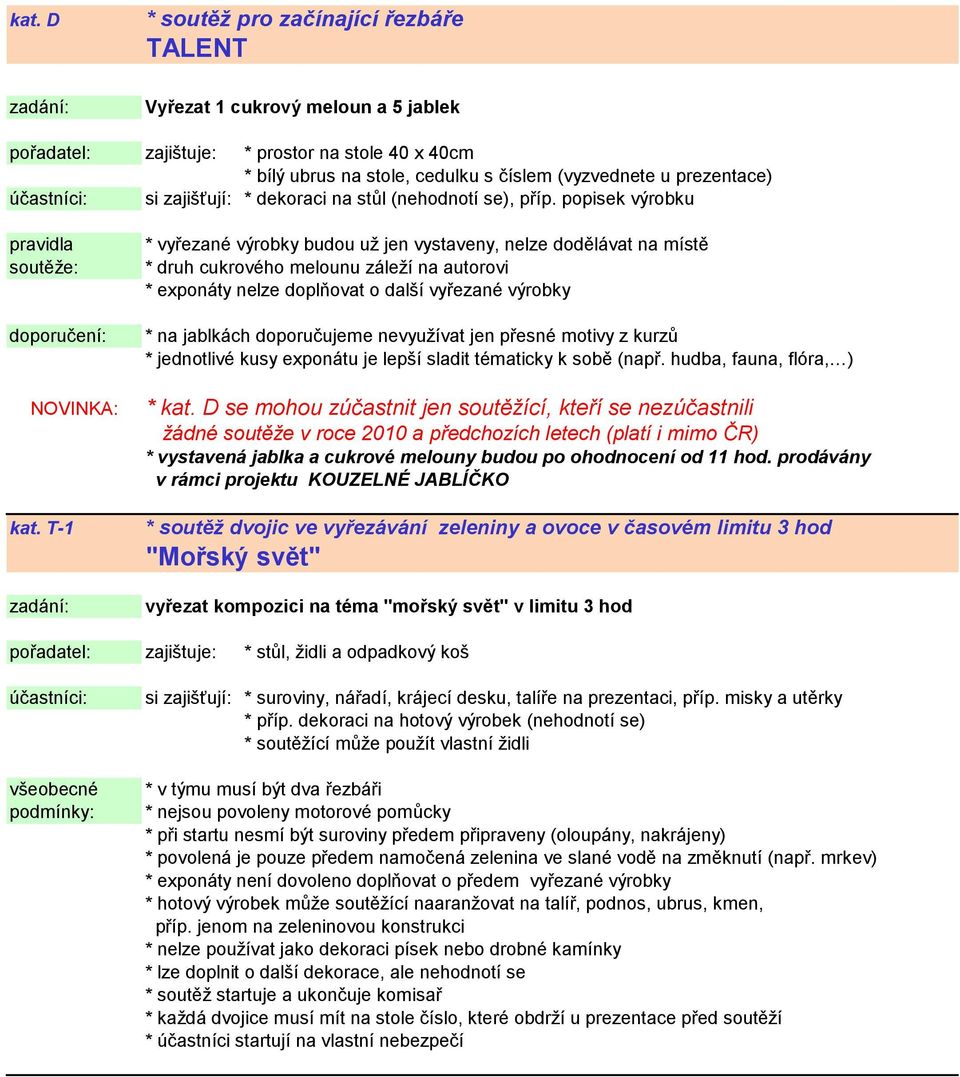 T-1 * vyřezané výrobky budou už jen vystaveny, nelze dodělávat na místě * druh cukrového melounu záleží na autorovi * exponáty nelze doplňovat o další vyřezané výrobky * na jablkách doporučujeme