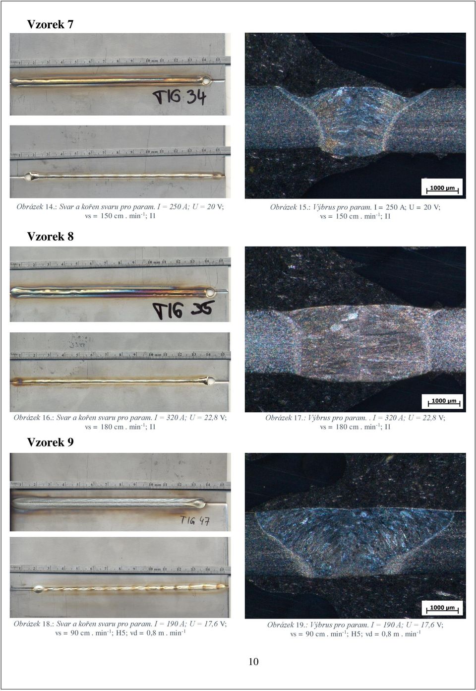 min -1 ; I1 Vzorek 9 Obrázek 17.: Výbrus pro param.. I = 320 A; U = 22,8 V; vs = 180 cm. min -1 ; I1 Obrázek 18.: Svar a kořen svaru pro param.