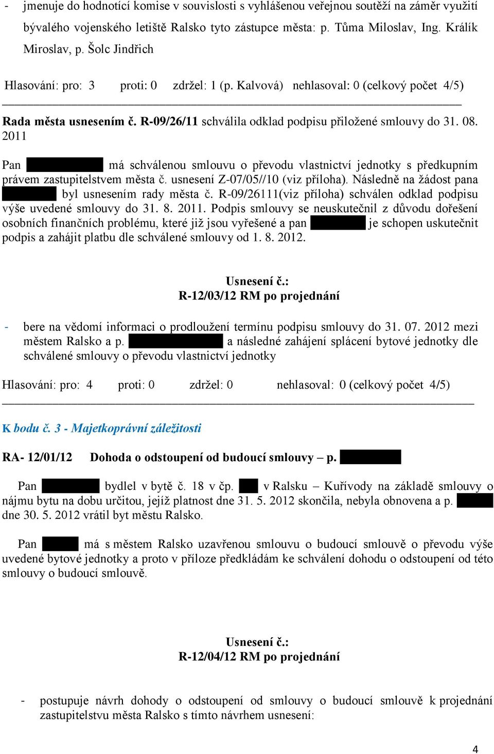 2011 Pan Jiří Hrabčenko má schválenou smlouvu o převodu vlastnictví jednotky s předkupním právem zastupitelstvem města č. usnesení Z-07/05//10 (viz příloha).