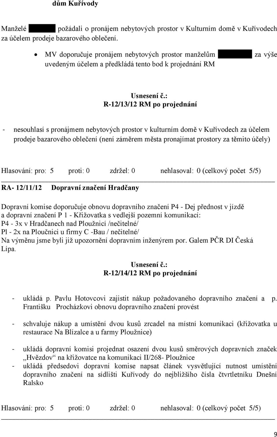 kulturním domě v Kuřívodech za účelem prodeje bazarového oblečení (není záměrem města pronajímat prostory za těmito účely) RA- 12/11/12 Dopravní značení Hradčany Dopravní komise doporučuje obnovu