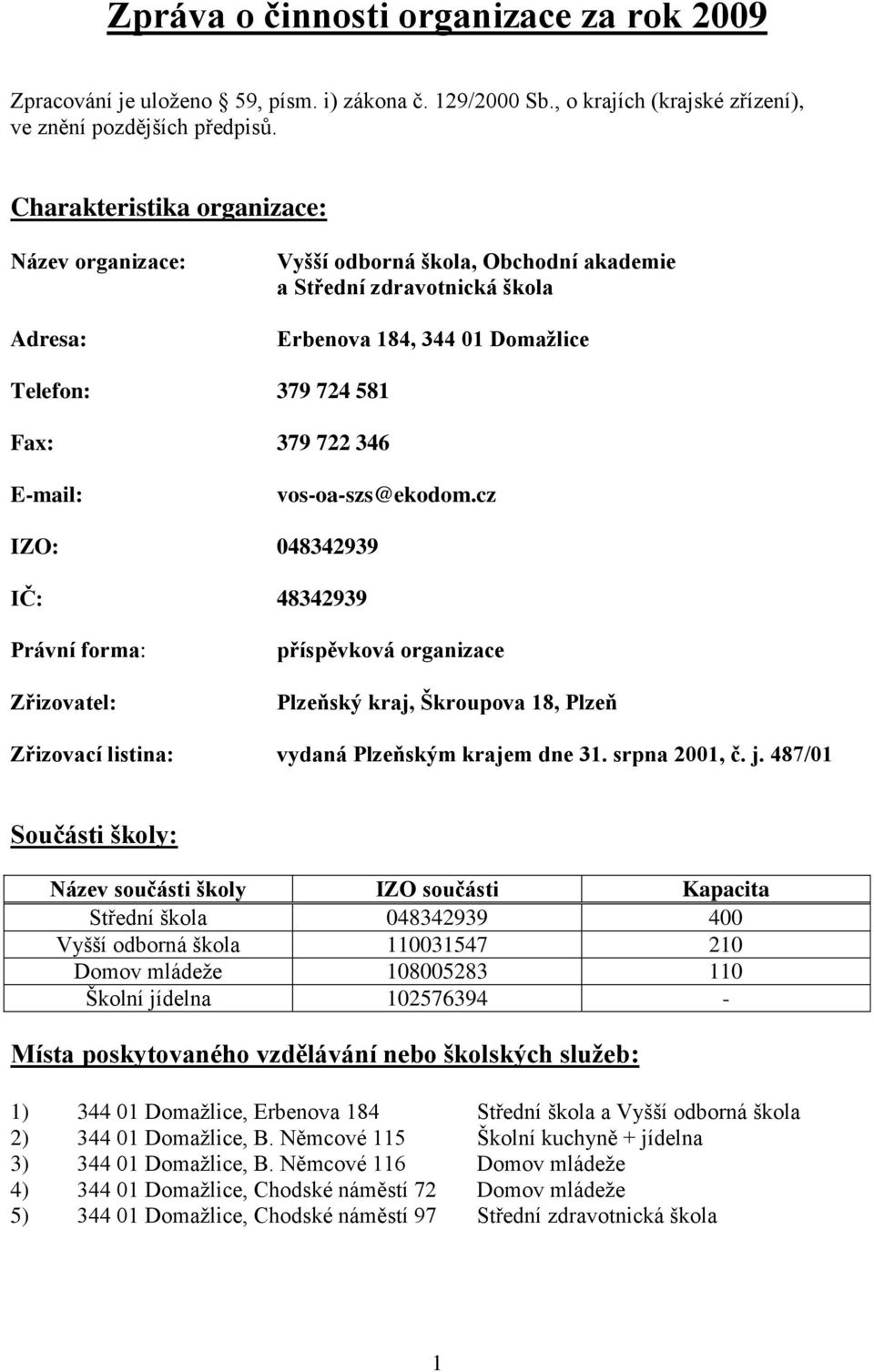 vos-oa-szs@ekodom.cz IZO: 048342939 IČ: 48342939 Právní forma: Zřizovatel: příspěvková organizace Plzeňský kraj, Škroupova 18, Plzeň Zřizovací listina: vydaná Plzeňským krajem dne 31. srpna 2001, č.