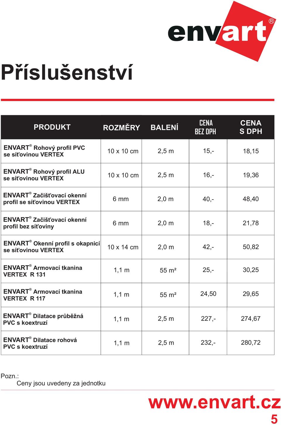 profil s okapnicí se síťovinou VERTEX 10 x 14 cm 2,0 m 42,- 50,82 ENVART Armovací tkanina VERTEX R 131 1,1 m 55 m² 25,- 30,25 ENVART Armovací tkanina VERTEX R 117 1,1 m 55 m² 24,50
