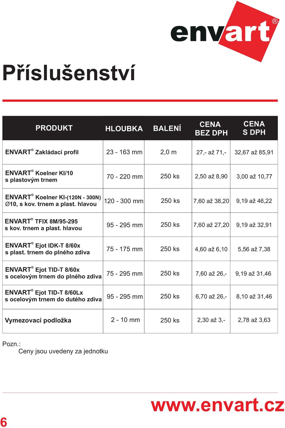 trnem do plného zdiva 75-175 mm 250 ks 4,60 až 6,10 5,56 až 7,38 ENVART Ejot TID-T 8/60x s ocelovým trnem do plného zdiva 75-295 mm 250 ks 7,60 až 26,- 9,19 až 31,46 ENVART Ejot TID-T 8/60Lx s