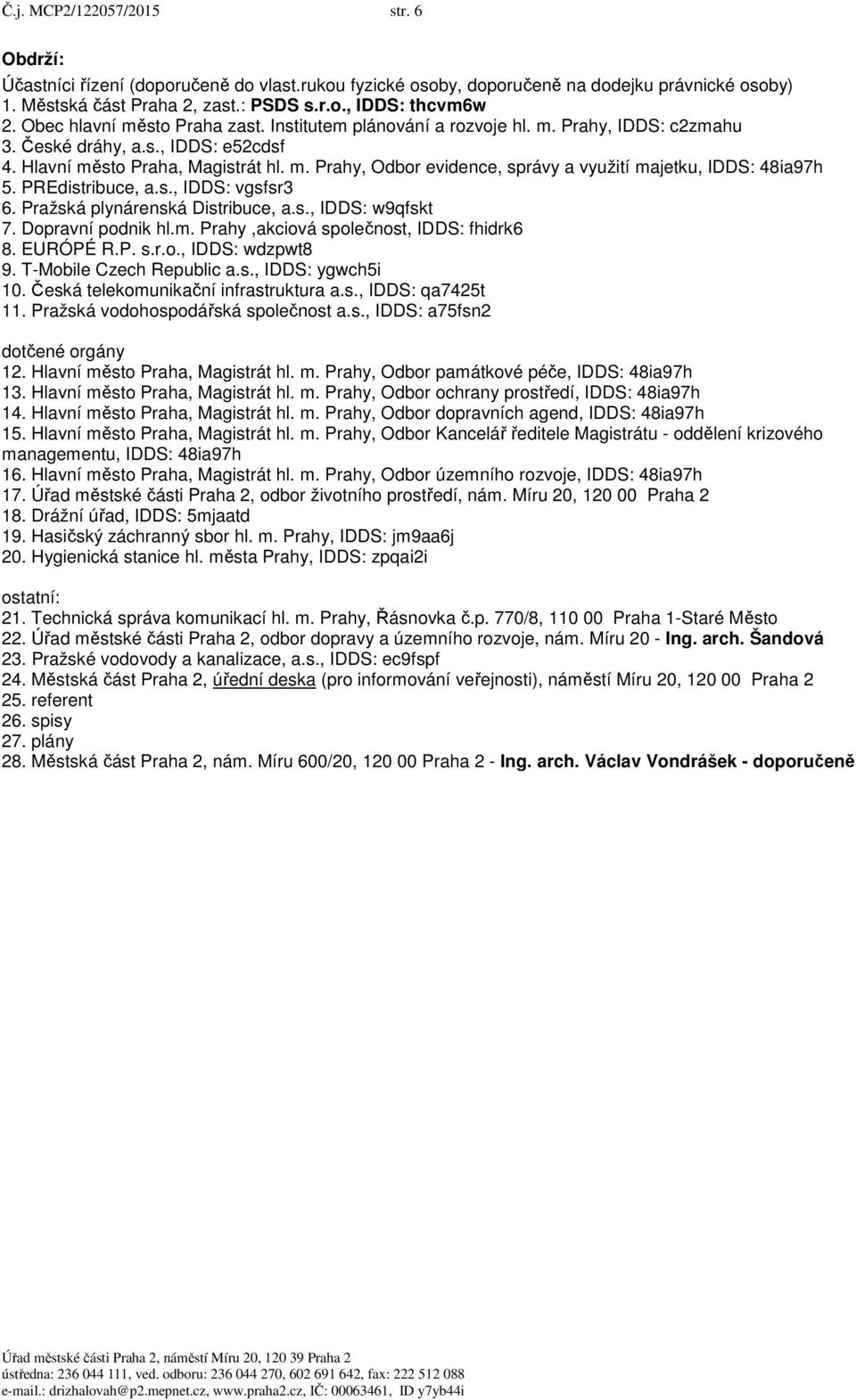 PREdistribuce, a.s., IDDS: vgsfsr3 6. Pražská plynárenská Distribuce, a.s., IDDS: w9qfskt 7. Dopravní podnik hl.m. Prahy,akciová společnost, IDDS: fhidrk6 8. EURÓPÉ R.P. s.r.o., IDDS: wdzpwt8 9.