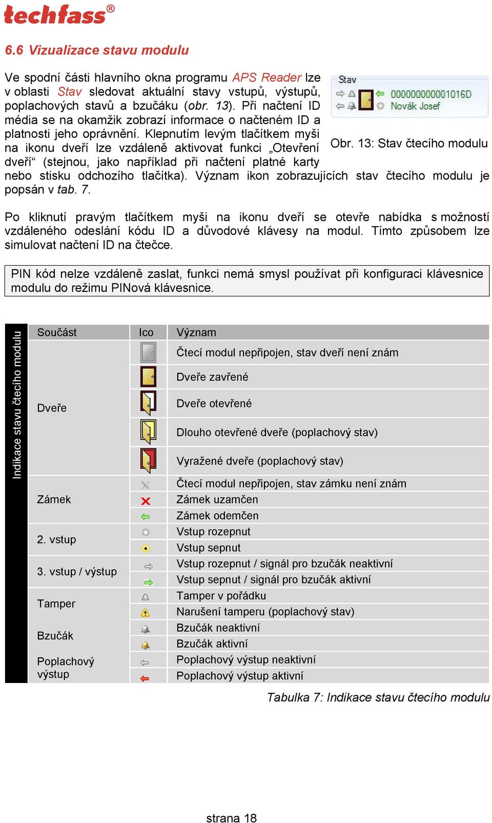 13: Stav čtecího modulu dveří (stejnou, jako například při načtení platné karty nebo stisku odchozího tlačítka). Význam ikon zobrazujících stav čtecího modulu je popsán v tab. 7.