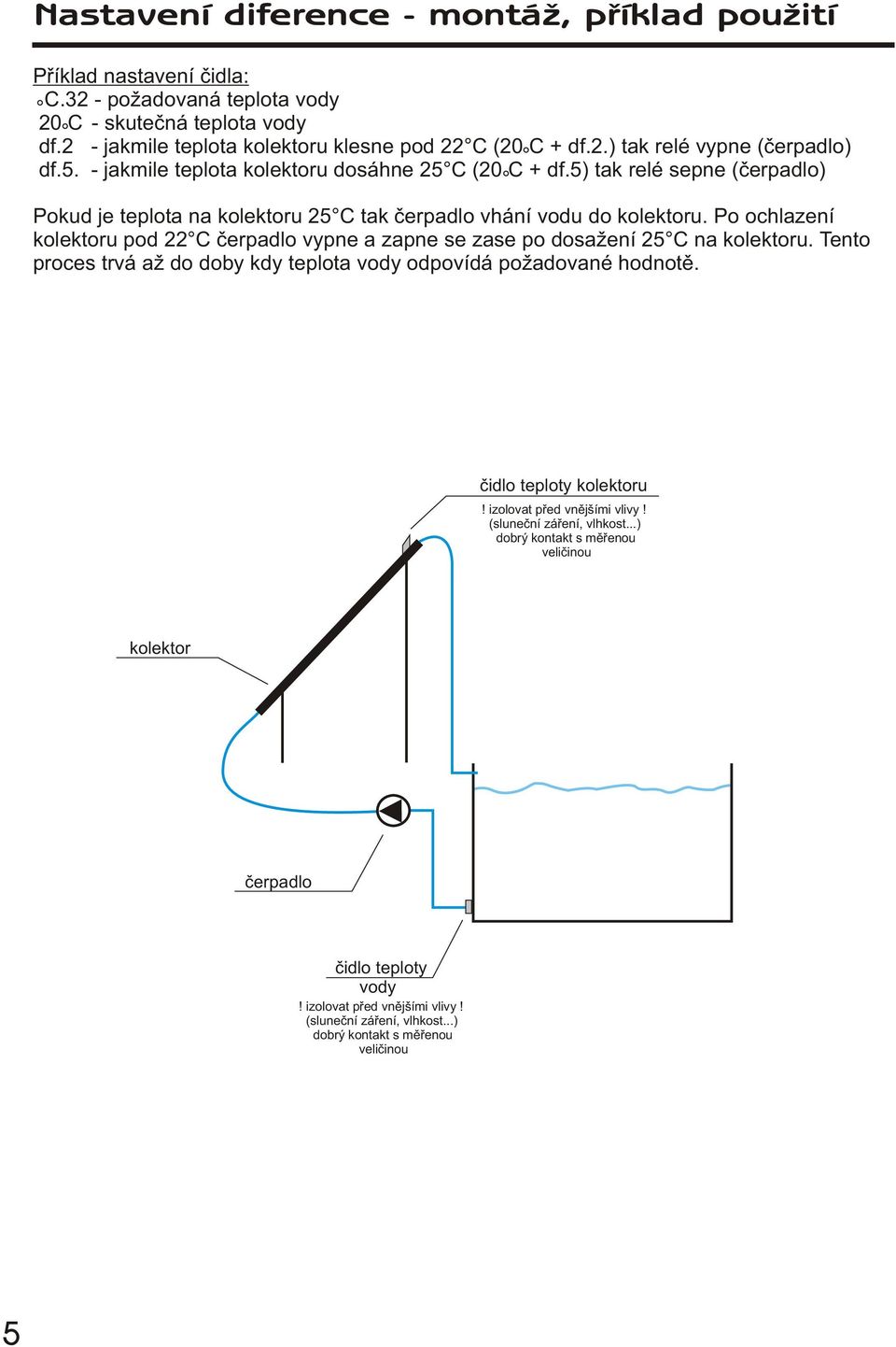 Po ochlazení kolektoru pod 22 C èerpadlo vypne a zapne se zase po dosažení 25 C na kolektoru. Tento proces trvá až do doby kdy teplota vody odpovídá požadované hodnotì. èidlo teploty kolektoru!