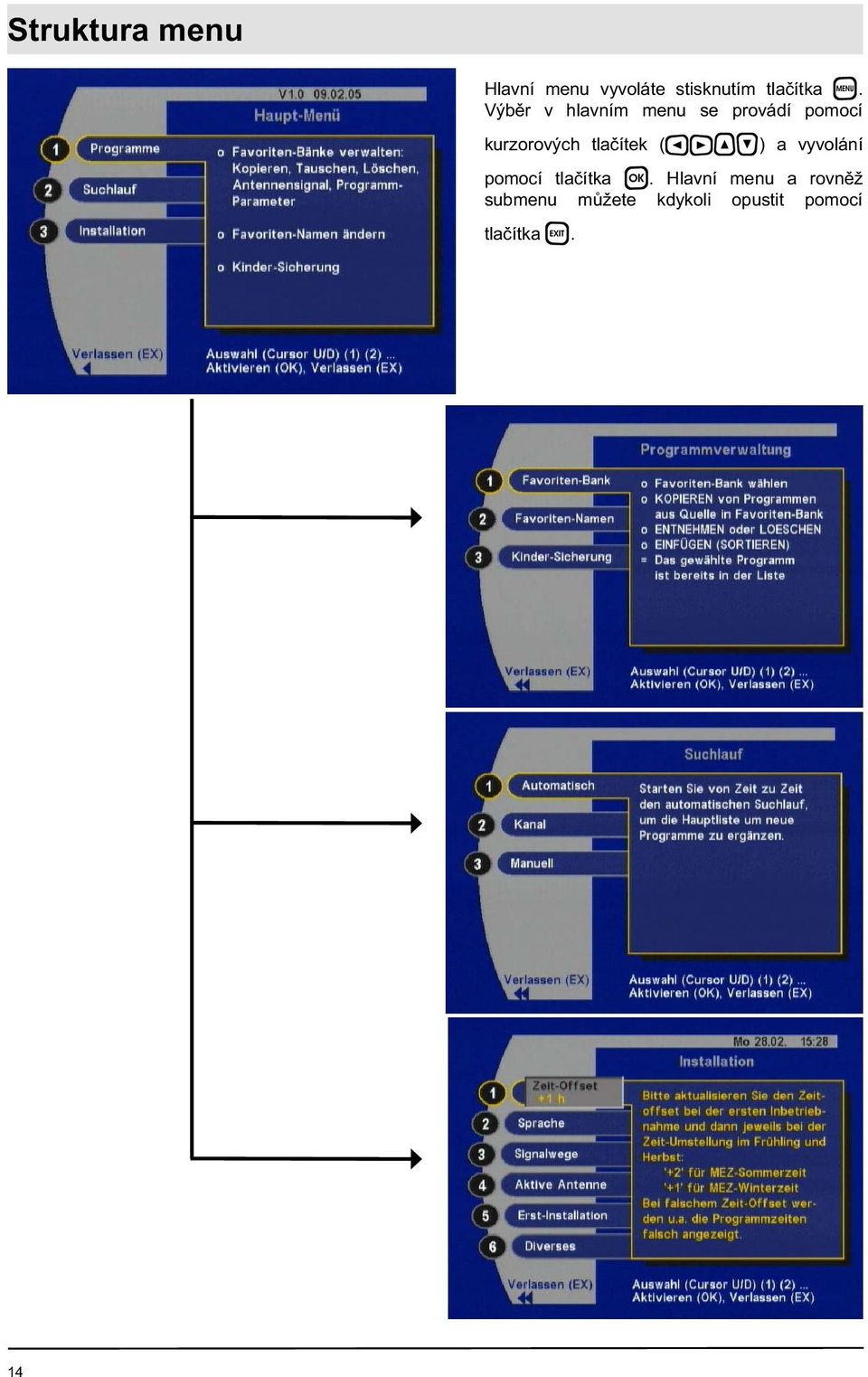 Výběr v hlavním menu se provádí pomocí kurzorových